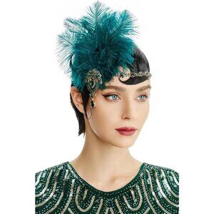 Women's Ostrish Feather Crystal Teal Headband Teal